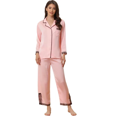 Cheibear Women's Satin Lace Long Sleeve Button-Down Shirt With Pants Pajama Sets 2 Pcs 7 Cheibear Women's Satin Lace Long Sleeve Button-Down Shirt With Pants Pajama Sets 2 Pcs - Image 7