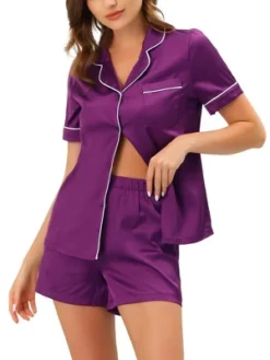 Cheibear Women's Satin Button Down Sleepwear Shirt With Shorts Pj Sets -Cheibear Sales Store GUEST 02dbeab3 0d85 44e4 bc29 709db0f78c23