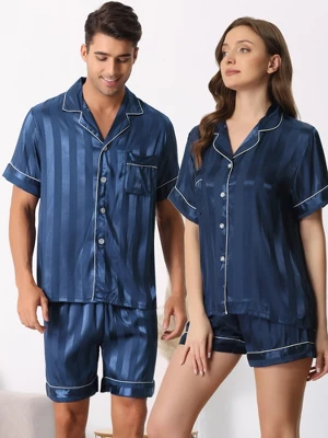 Cheibear Women's Satin Button Down Short Sleeve And Shorts Pajama Set 2 Cheibear Women's Satin Button Down Short Sleeve And Shorts Pajama Set - Image 2
