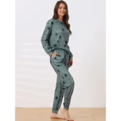 Cheibear Women's Long Sleeve Kint Printed Pattern 2 Pieces Pajama Sets