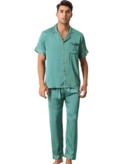 Cheibear Men's Satin Sleepwear Short Sleeve Button Down T-Shirt With Pants Couple Pajama Set -Cheibear Sales Store GUEST 042aafb8 589b 4826 b684 cbdcc007c1a5