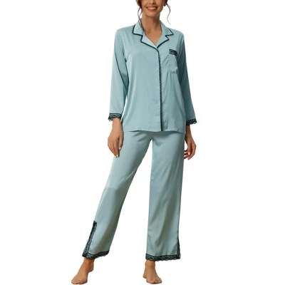 Cheibear Women's Satin Lace Long Sleeve Button-Down Shirt With Pants Pajama Sets 2 Pcs 5 Cheibear Women's Satin Lace Long Sleeve Button-Down Shirt With Pants Pajama Sets 2 Pcs - Image 5