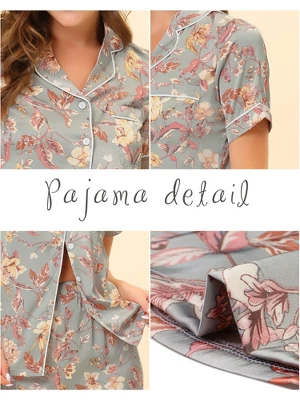 Cheibear Women's Silky Floral Short Sleeves Sleepshirt With Pants Pjs Set 2 Pcs 3 Cheibear Women's Silky Floral Short Sleeves Sleepshirt With Pants Pjs Set 2 Pcs - Image 3