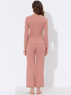 Cheibear Womens Sleepwear Lounge Ribbed Knit Peplum Tops With Lace Long Sleeve Pajamas Set