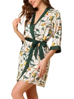 Cheibear Womens Satin Floral Lounge Cami Nightgown Sleepwear 4pcs Pajama Sets