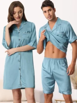 Cheibear Men Satin Button Down Pajama Sets Short Sleeve Shirt And Shorts Sleepwear