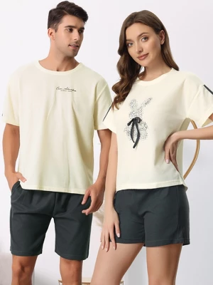 Cheibear Men's Sleepwear Short Sleeve T-Shirt With Shorts Cute Print Couple Pajama Sets 2 Cheibear Men's Sleepwear Short Sleeve T-Shirt With Shorts Cute Print Couple Pajama Sets - Image 2