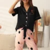 Cheibear Womens Satin Summer Button Down Short Sleeve Tops With Pants Silky Lounge Pajama Sets