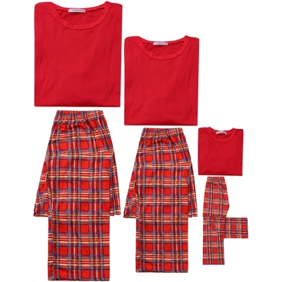 Cheibear Christmas Long Sleeve Solid Tops Tee With Plaid Pants Family Pajama Sets Red 2 Cheibear Christmas Long Sleeve Solid Tops Tee With Plaid Pants Family Pajama Sets Red - Image 2