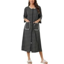 Cheibear Women's Zip Front Robe 3/4 Sleeve Striped Long Bathrobe Dress Pajama -Cheibear Sales Store GUEST 198ef42a 7426 4ab7 aadf 1a6c2b98b10c