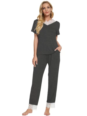 Cheibear Womens Sleepwear V-Neck With Lace Nightwear With Pants Loungewear Pajama Set 1 Cheibear Womens Sleepwear V-Neck With Lace Nightwear With Pants Loungewear Pajama Set