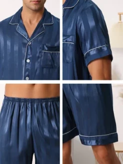 Cheibear Men Satin Button Down Striped Short Sleeve And Shorts Pajama Set -Cheibear Sales Store GUEST 1f1bfbd6 3902 4d48 84ca eb99aec1150f