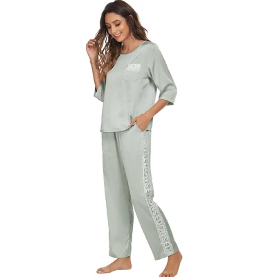 Cheibear Womens Satin Sleepwear Lounge With Pants Nightwear 3/4 Sleeves Pajama Set 1 Cheibear Womens Satin Sleepwear Lounge With Pants Nightwear 3/4 Sleeves Pajama Set