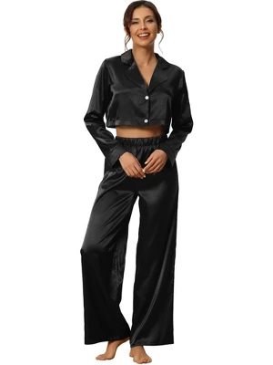 Cheibear Womens Satin Crop Button Down Long Sleeve Shirt Pants Loungwear Set 6 Cheibear Womens Satin Crop Button Down Long Sleeve Shirt Pants Loungwear Set - Image 6