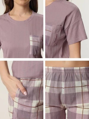 Cheibear Women's Sleepwear Short Sleeve T-Shirt With Shorts Plaid Couple Pajama Sets 4 Cheibear Women's Sleepwear Short Sleeve T-Shirt With Shorts Plaid Couple Pajama Sets - Image 4