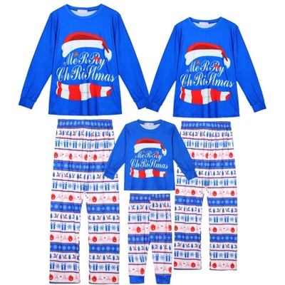 Cheibear Christmas Cute Letters Print Long Sleeve Tee With Pants Loungewear Family Pajama Sets Blue 4 Cheibear Christmas Cute Letters Print Long Sleeve Tee With Pants Loungewear Family Pajama Sets Blue - Image 4