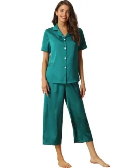 Cheibear Womens Pajama Sleepwear Button Down With Capri Pants Satin Lounge Pjs Set -Cheibear Sales Store GUEST 307c7bb4 fe83 4012 90bf 6d0da36c570e