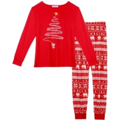 Cheibear Christmas Tree Long Sleeve Tee And Plaid Pants Loungewear Family Pajama Sets