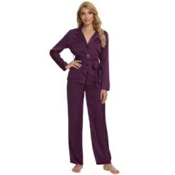 Cheibear Womens Sleepwear V-Neck Tops With Belt Nightwear With Pants Loungewear Pajama Set