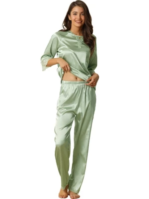 Cheibear Womens Satin Sleepwear Lounge With Pants Nightwear 3/4 Sleeves Pajama Set 9 Cheibear Womens Satin Sleepwear Lounge With Pants Nightwear 3/4 Sleeves Pajama Set - Image 9