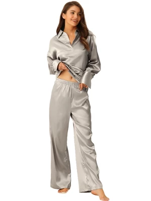 Cheibear Womnes Satin Outfits Pajamas Collar V Neck Tops With Pants Csaual Lounge Sets 3 Cheibear Womnes Satin Outfits Pajamas Collar V Neck Tops With Pants Csaual Lounge Sets - Image 3