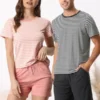Cheibear Men's Sleepwear Short Sleeve T-Shirt With Shorts Stripe Couple Pajama Sets