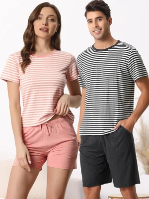 Cheibear Men's Sleepwear Short Sleeve T-Shirt With Shorts Stripe Couple Pajama Sets 1 Cheibear Men's Sleepwear Short Sleeve T-Shirt With Shorts Stripe Couple Pajama Sets