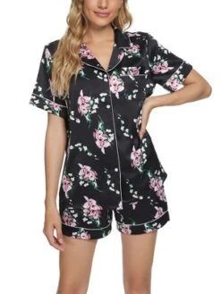Cheibear Women's Floral Button Down Shirt Shorts Satin Pajama Set 2 Pcs -Cheibear Sales Store GUEST 41bf0211 d834 41cb 915a 7313049e2966