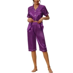 Cheibear Womens Pajama Sleepwear Button Down With Capri Pants Satin Lounge Pjs Set -Cheibear Sales Store GUEST 440e5764 6610 4d71 99f3 123913c62e20