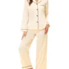Cheibear Womens Pajama Lounge Sleepwear Button Down Tops And Pants Satin Pjs Set