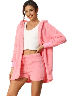 Cheibear Womens Fuzzy Fleece 3 Piece Outfits Pajamas Soft Coat Jacket And Crop Top With Shorts Lounge Set 6 Cheibear Womens Fuzzy Fleece 3 Piece Outfits Pajamas Soft Coat Jacket And Crop Top With Shorts Lounge Set - Image 6