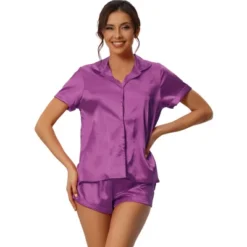 Cheibear Women's Satin Button Short Sleeve Shirt And Shorts 2 Pcs Pajama Set -Cheibear Sales Store GUEST 4872e3e5 c4d5 4d16 9a95 c41e2e5f891e