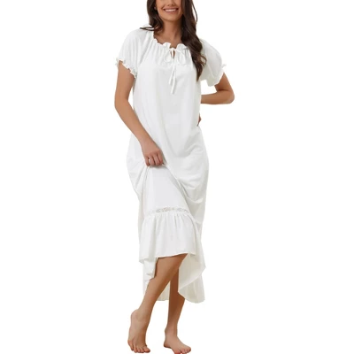 Cheibear Women's Victorian Ruffle Short Sleeve Tie Neck Pajama Sleep Dress 5 Cheibear Women's Victorian Ruffle Short Sleeve Tie Neck Pajama Sleep Dress - Image 5
