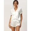 Cheibear Women's Satin Button Short Sleeve Shirt And Shorts 2 Pcs Pajama Set