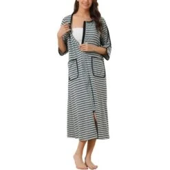 Cheibear Women's Zip Front Robe 3/4 Sleeve Striped Long Bathrobe Dress Pajama -Cheibear Sales Store GUEST 5685eb54 412a 458c 8b6d ad0271814b50