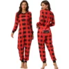 Cheibear Christmas Jumpsuits Holiday Long Sleeve Loungewear Plaid Family Pajama Sets Red Plaid