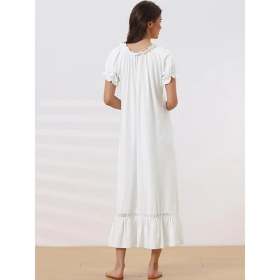 Cheibear Women's Victorian Ruffle Short Sleeve Tie Neck Pajama Sleep Dress 2 Cheibear Women's Victorian Ruffle Short Sleeve Tie Neck Pajama Sleep Dress - Image 2