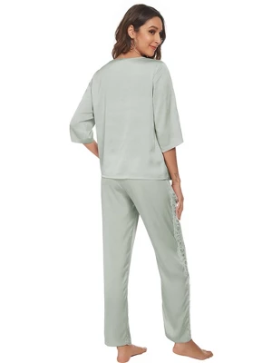 Cheibear Womens Satin Sleepwear Lounge With Pants Nightwear 3/4 Sleeves Pajama Set 2 Cheibear Womens Satin Sleepwear Lounge With Pants Nightwear 3/4 Sleeves Pajama Set - Image 2