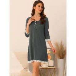 Cheibear Women's 3/4 Sleeve Maternity Lace Trim Lounge Nightgowns