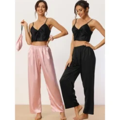 Cheibear Women's Wide-leg Elastic Waist Long Pants 2 Pieces Sleep Pants Set