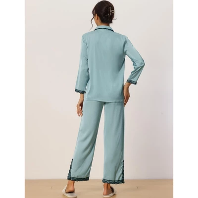 Cheibear Women's Satin Lace Long Sleeve Button-Down Shirt With Pants Pajama Sets 2 Pcs 2 Cheibear Women's Satin Lace Long Sleeve Button-Down Shirt With Pants Pajama Sets 2 Pcs - Image 2