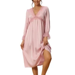Cheibear Womens Satin Nightgowns Long Sleeve Lace Trim V-Neck Pajama Dress -Cheibear Sales Store GUEST 6bfa3dc9 6ce6 4d34 baf2 792659629c1a