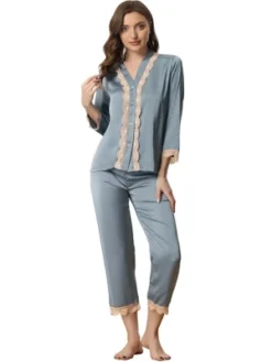 Cheibear Womens Long Sleeve Lace Trim Satin Button Shirt Pants Matching Couple Pajama Sets Sleepwear -Cheibear Sales Store GUEST 7251530f 2dac 4fd2 950d 2f153d980e26