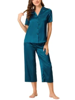 Cheibear Womens Pajama Sleepwear Button Down With Capri Pants Satin Lounge Pjs Set -Cheibear Sales Store GUEST 77771bd5 cb9e 477e 9942 7d61398464b2