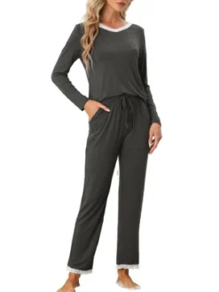 Cheibear Womens Lounge Sets V Neck Lace Nightwear With Pants Loungewear Pajamas -Cheibear Sales Store GUEST 7b094f13 69b9 4dc7 9e47 dd0943b76aef