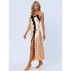 Cheibear Womens Satin Nightgown Lace Cami Dress Maxi Long Gown Pajama Nightwear
