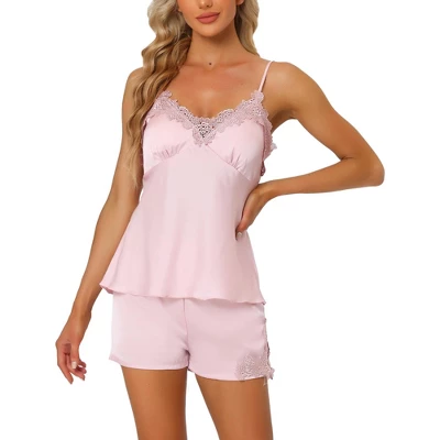 Cheibear Womens Satin Lounge Lace Trim Cami Tops With Shorts Sleepwear Pajamas Sets 5 Cheibear Womens Satin Lounge Lace Trim Cami Tops With Shorts Sleepwear Pajamas Sets - Image 5