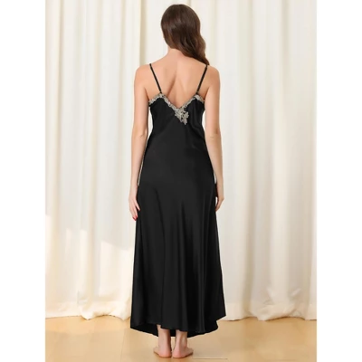 Cheibear Womens Satin Sleeveless Nigthgown Lace Trim Sleep Dress Sleepwear Pajama Dress 2 Cheibear Womens Satin Sleeveless Nigthgown Lace Trim Sleep Dress Sleepwear Pajama Dress - Image 2