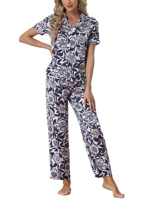 Cheibear Women's Silky Floral Short Sleeves Sleepshirt With Pants Pjs Set 2 Pcs 8 Cheibear Women's Silky Floral Short Sleeves Sleepshirt With Pants Pjs Set 2 Pcs - Image 8
