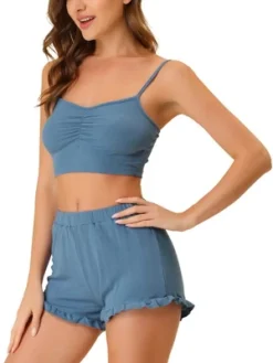 Cheibear Womens Sleepwear Knit Pajamas Spaghetti Strap Runch Front Cami Lounge PJ Set